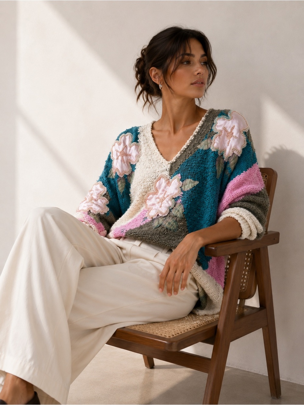 Vintage Thick Knit Sweater with Floral Appliques & Pearl Beading V-Neck Sweater
